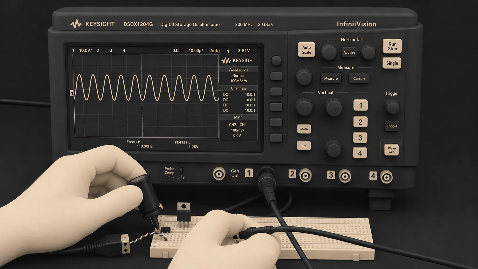 Oscilloscope utilisé pour observer une horloge analogique, dans une vidéo de Ben Eater.