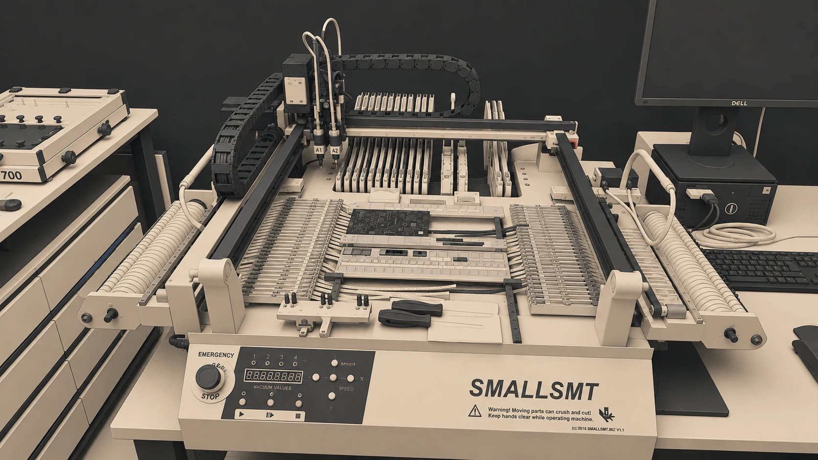 Machine de placement de composants dans un atelier électronique.