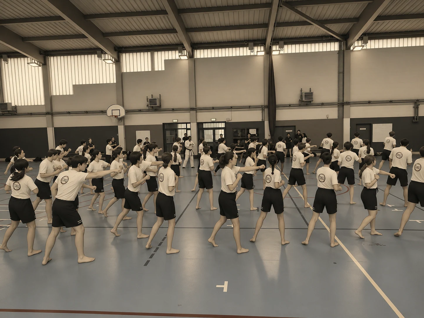 Activité physique collective dans un gymnase pendant le SNU.