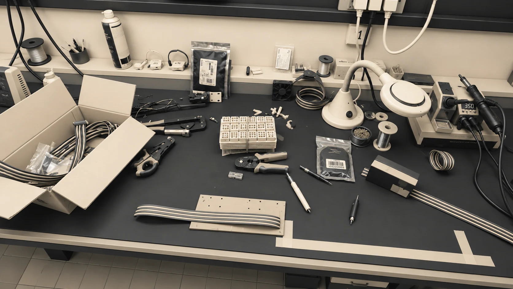 Établi de travail avec instruments de mesure et matériel électronique.