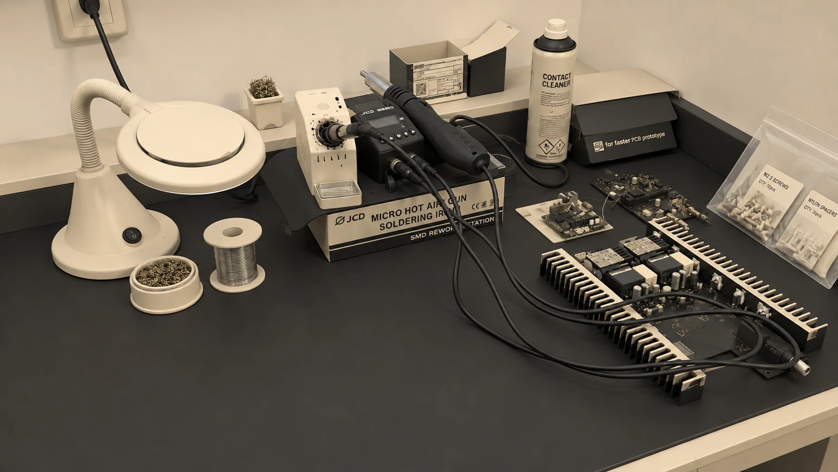 Établi avec station de soudage et cartes électroniques.
