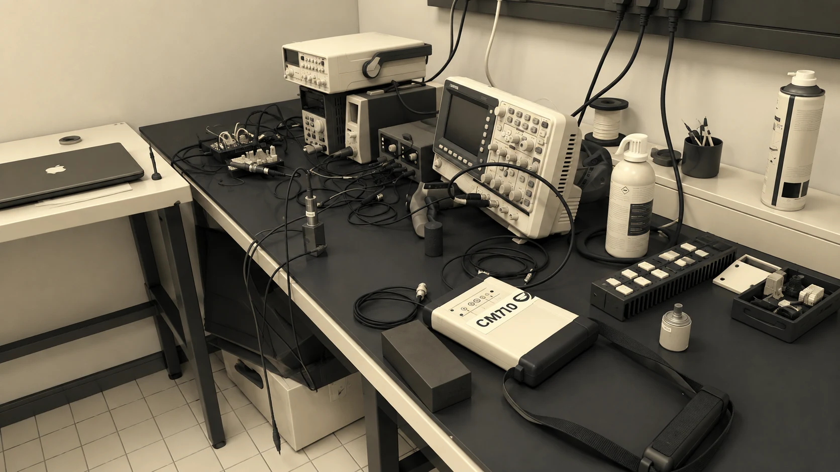 Établi électronique avec composants, câbles et outils de préparation.